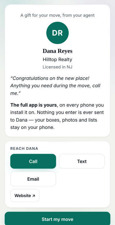 The gift screen a client sees: the agent's name, brokerage, welcome note, and Call, Text and Email buttons.