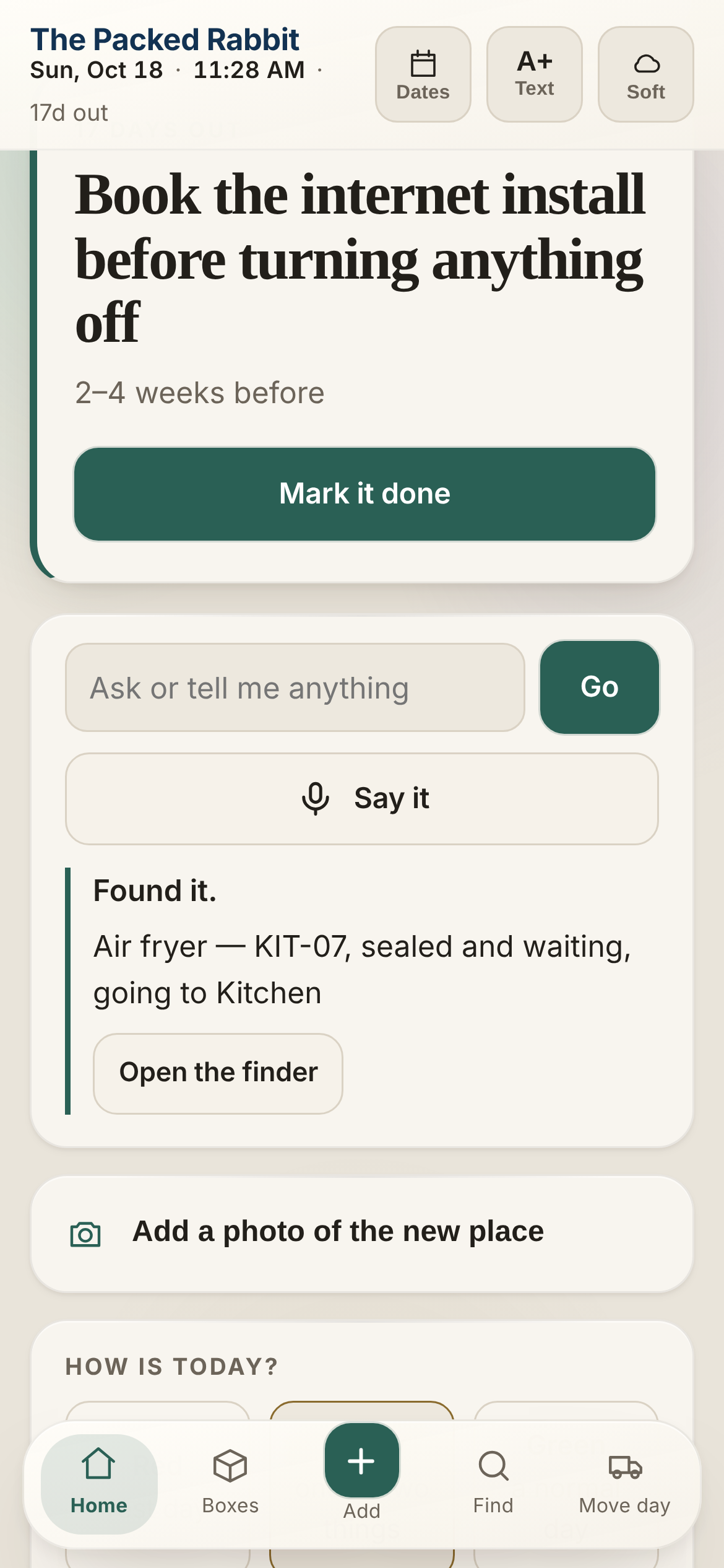 The home screen answering where is the air fryer: found it, KIT-07, sealed and waiting, going to the kitchen