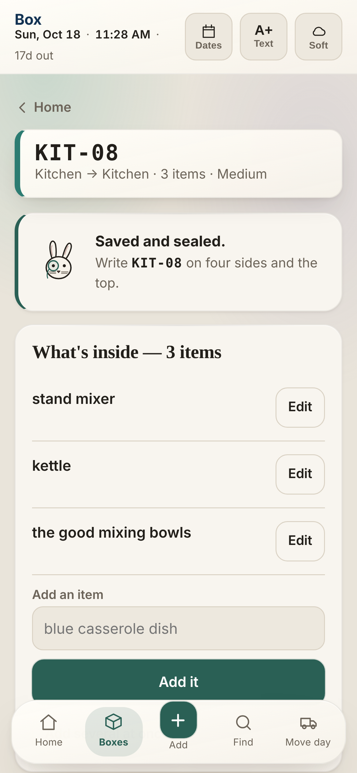 A box just saved as KIT-08: the rabbit says saved and sealed, write the number on four sides, with the three things inside listed